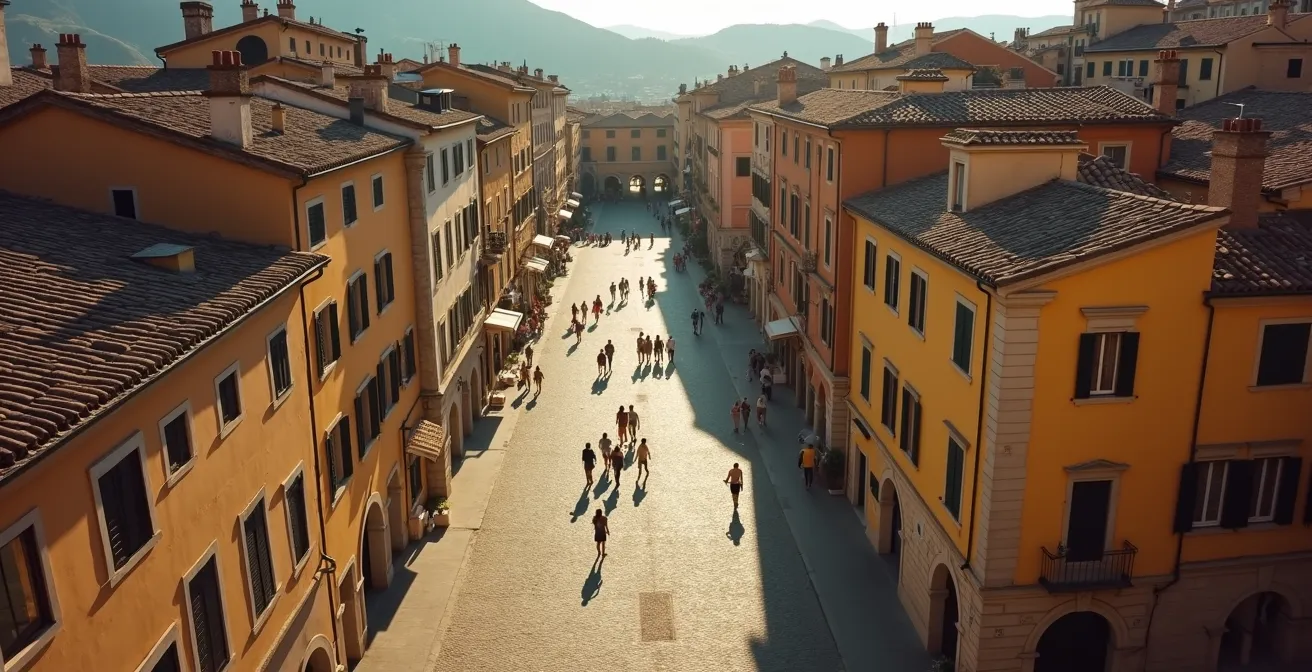 Vista aerea di un percorso turistico pedonale attraverso vicoli del centro storico italiano