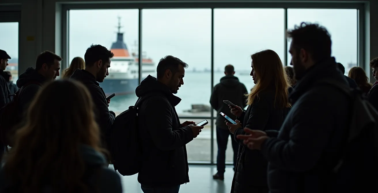 Porto con traghetti ormeggiati durante una tempesta, persone che consultano alternative