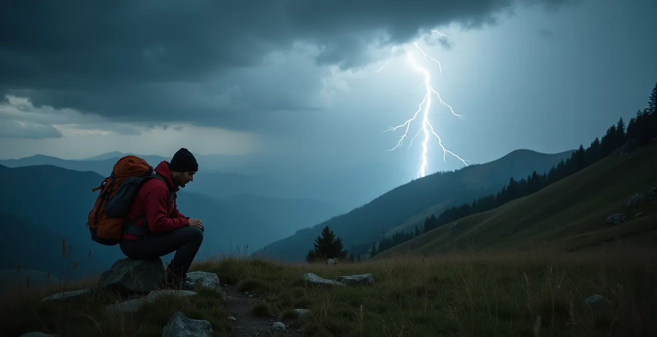 Posizione di sicurezza accovacciata durante temporale in montagna