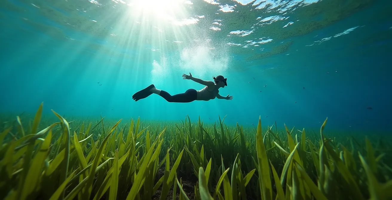 Prateria sottomarina di posidonia oceanica con pesci che nuotano tra le foglie verdi