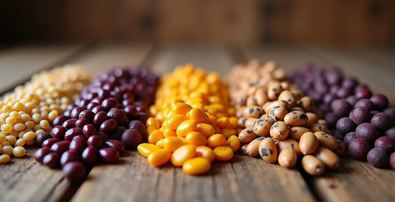 Varietà antiche di legumi e cereali dei presìdi Slow Food disposti su tavolo rustico