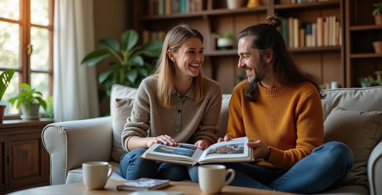Due persone che conversano amichevolmente in un salotto accogliente, creando connessione umana genuina
