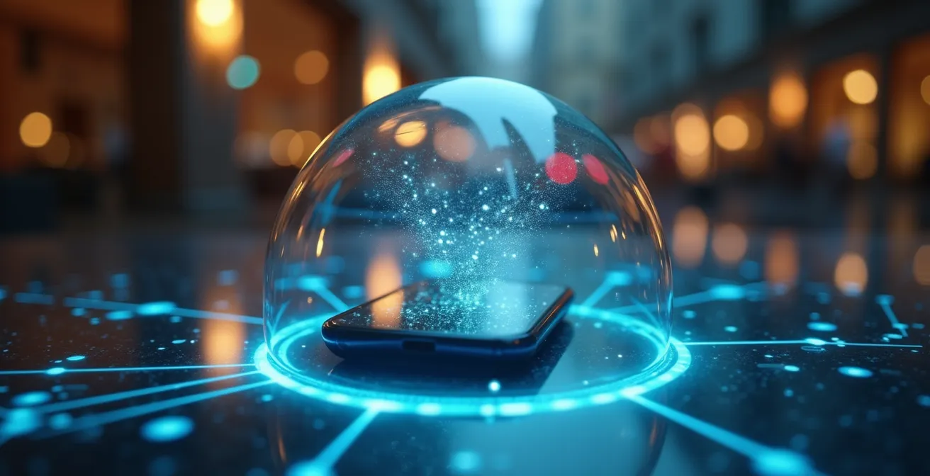 Rappresentazione simbolica della protezione VPN su rete Wi-Fi pubblica