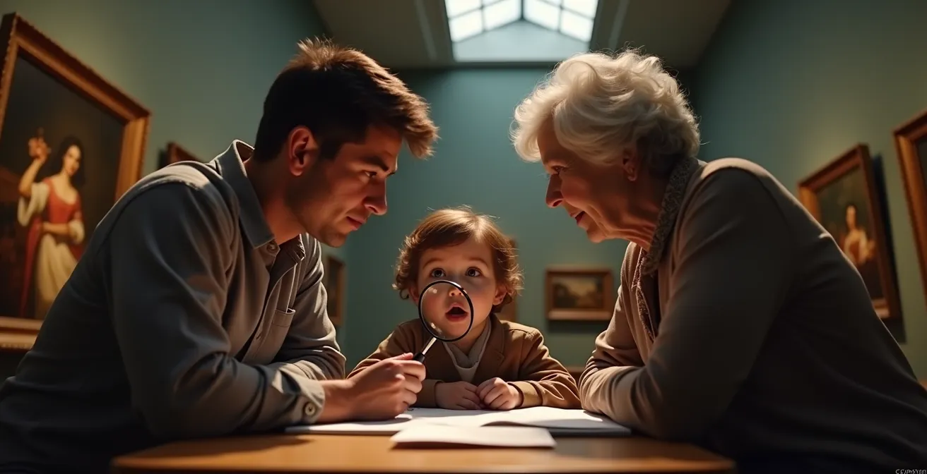 Bambini e genitori che interpretano ruoli diversi in un museo d'arte