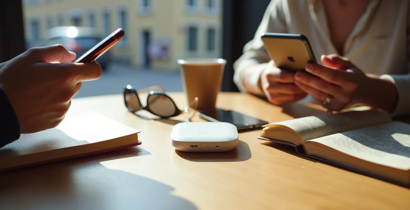 Router Wi-Fi portatile con dispositivi multipli connessi in viaggio