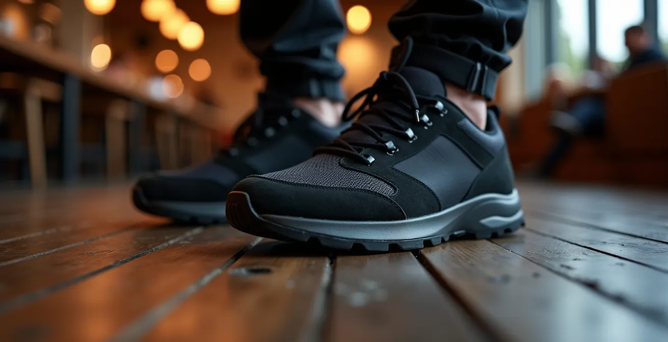 Scarpe da trekking eleganti nere su pavimento di legno con sfondo sfocato di ristorante