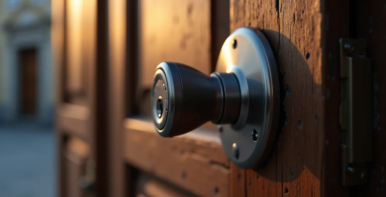 Dettaglio di una moderna serratura smart con tastierino numerico su porta d'ingresso di un B&B