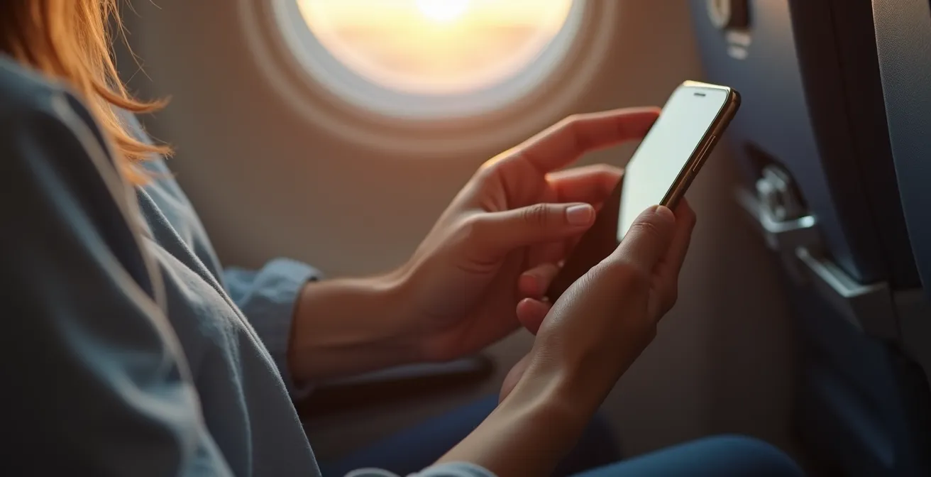 Mani che configurano smartphone prima del decollo aereo