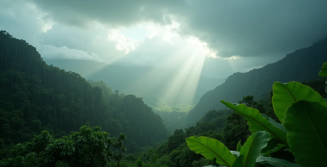 Paesaggio tropicale lussureggiante dopo la pioggia con arcobaleno