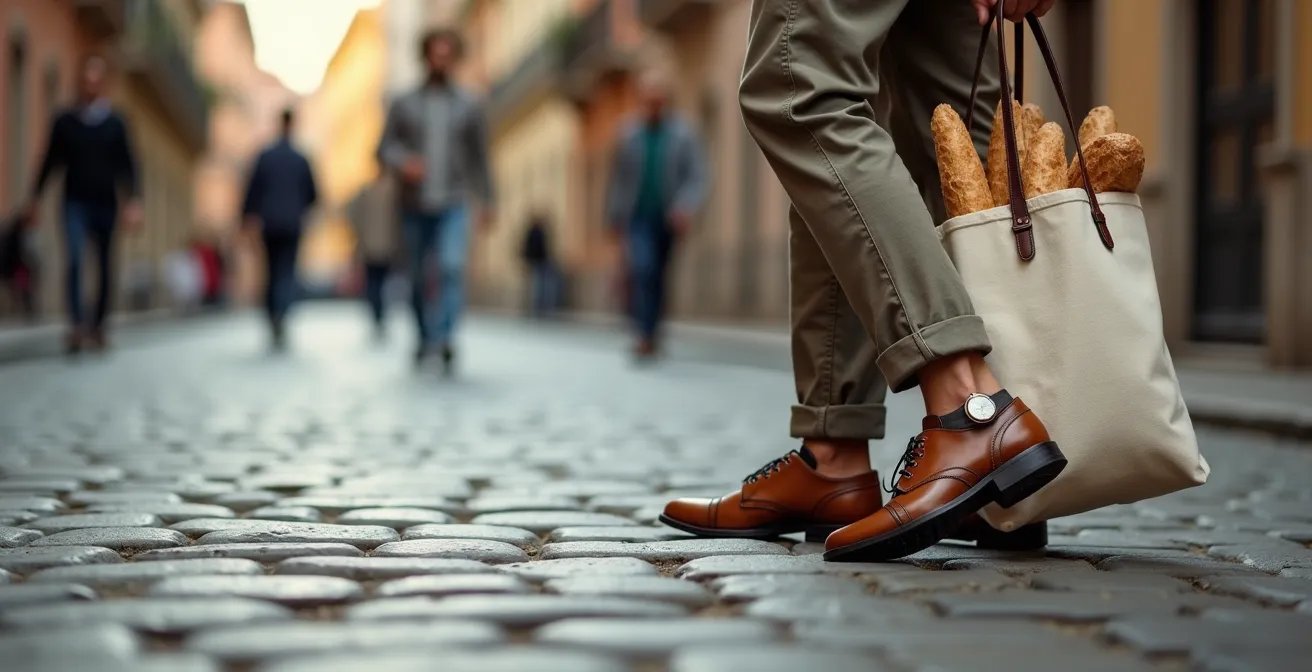Gruppo di italiani di varie età vestiti in modo casual elegante che passeggiano in una strada di quartiere