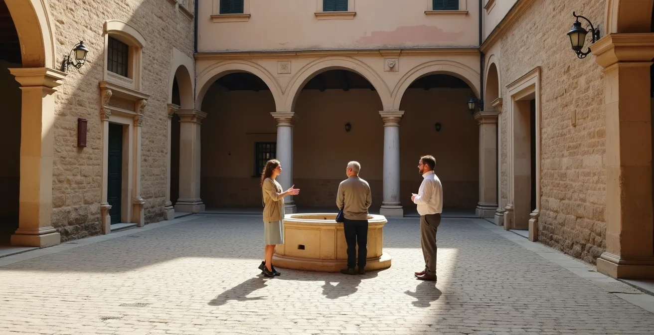 Guida turistica privata in dialogo intimo con coppia di turisti in piccola piazza italiana