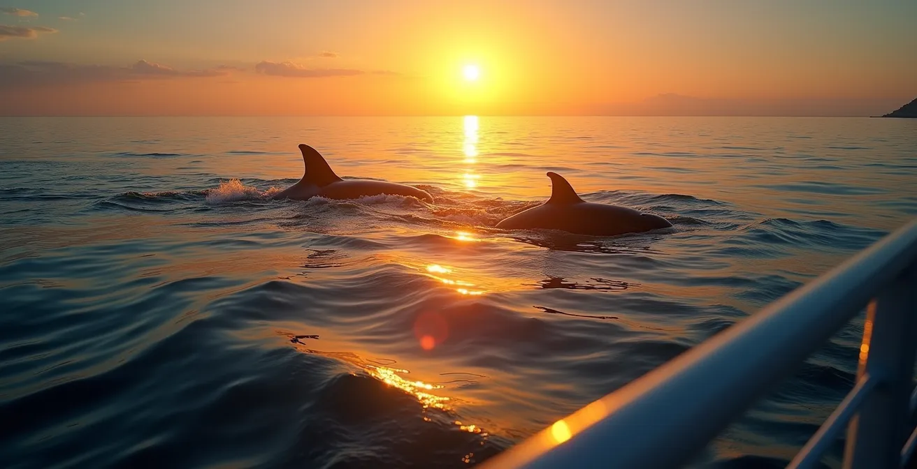 Vista dal ponte di un traghetto con luce radente del tramonto che illumina la superficie del mare