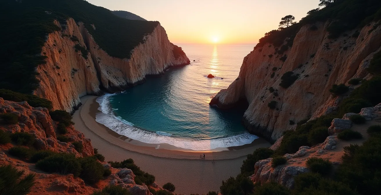 Cala mediterranea al crepuscolo con alte scogliere che proiettano ombre lunghe
