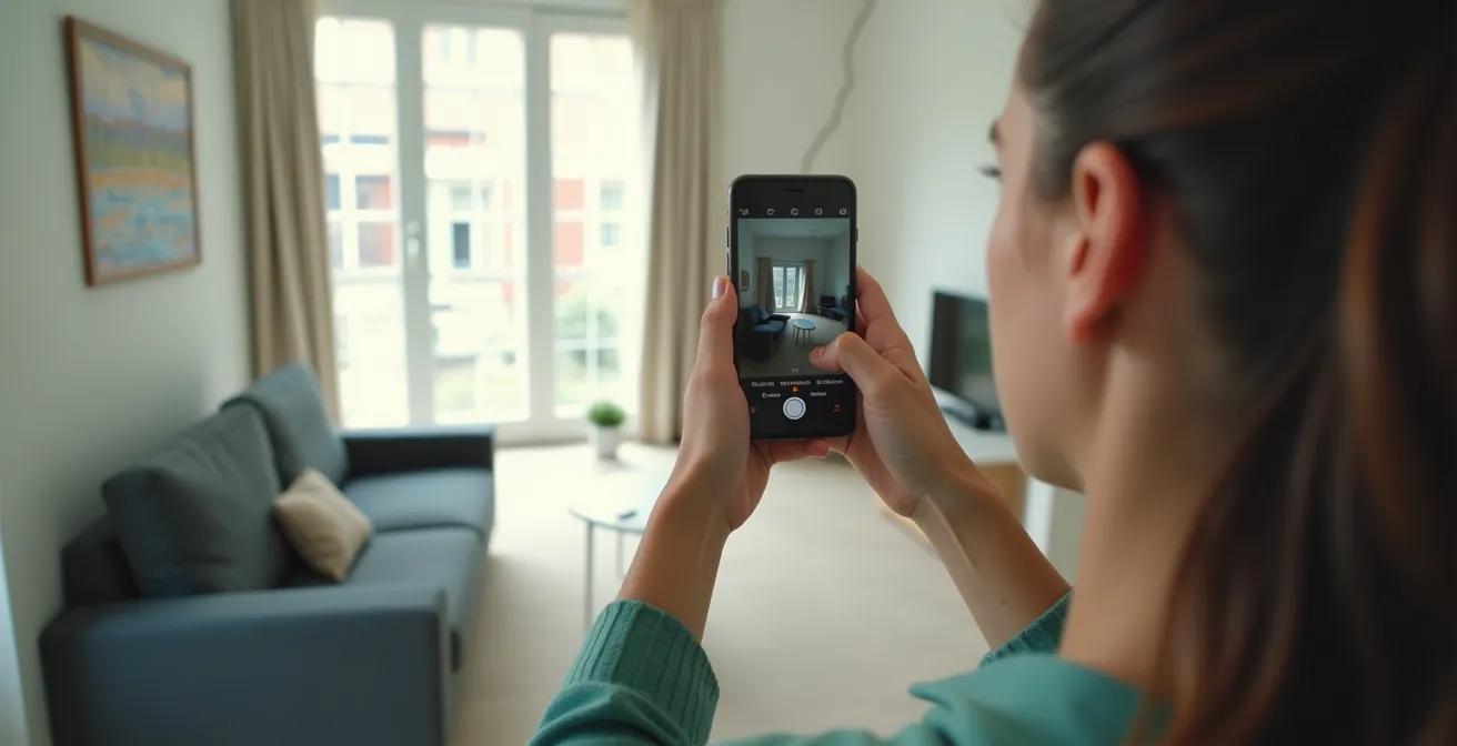 Una persona riprende con il suo smartphone l'interno di un appartamento per documentarne lo stato all'arrivo.