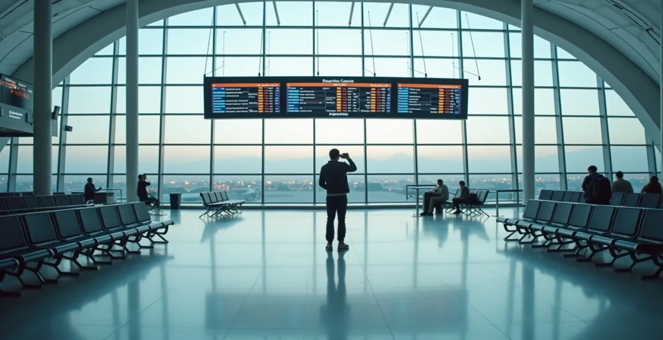 Un passeggero fotografa il tabellone delle partenze con il suo smartphone in un aeroporto affollato