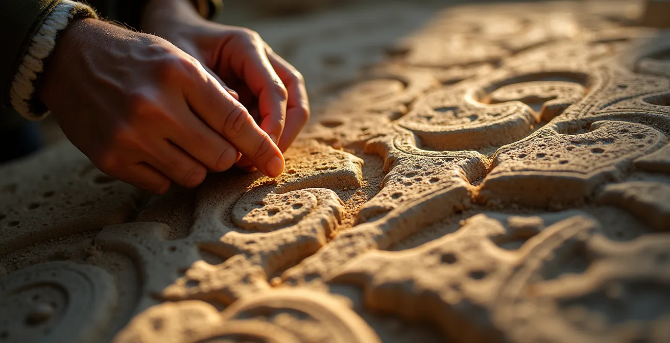 Dettaglio ravvicinato di mani che esplorano texture di pietra antica in sito archeologico