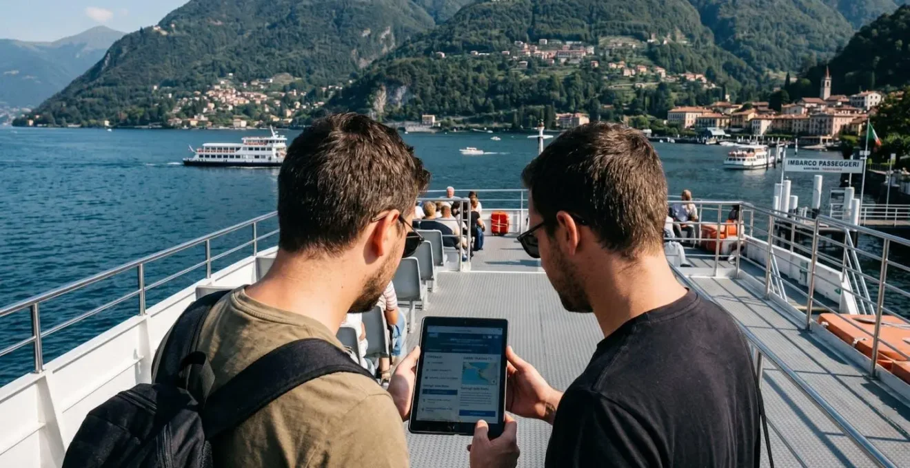 Due viaggiatori visti da dietro consultano insieme un tablet su un ponte ferry moderno con luce mediterranea naturale