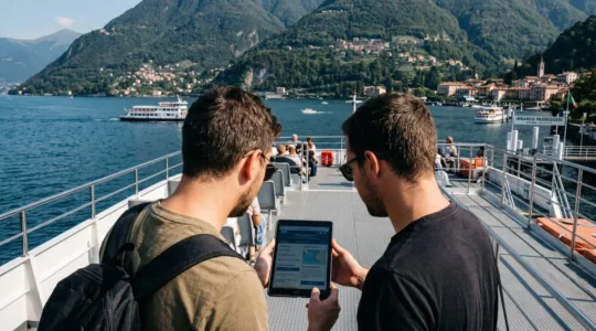 Due viaggiatori visti da dietro consultano insieme un tablet su un ponte ferry moderno con luce mediterranea naturale