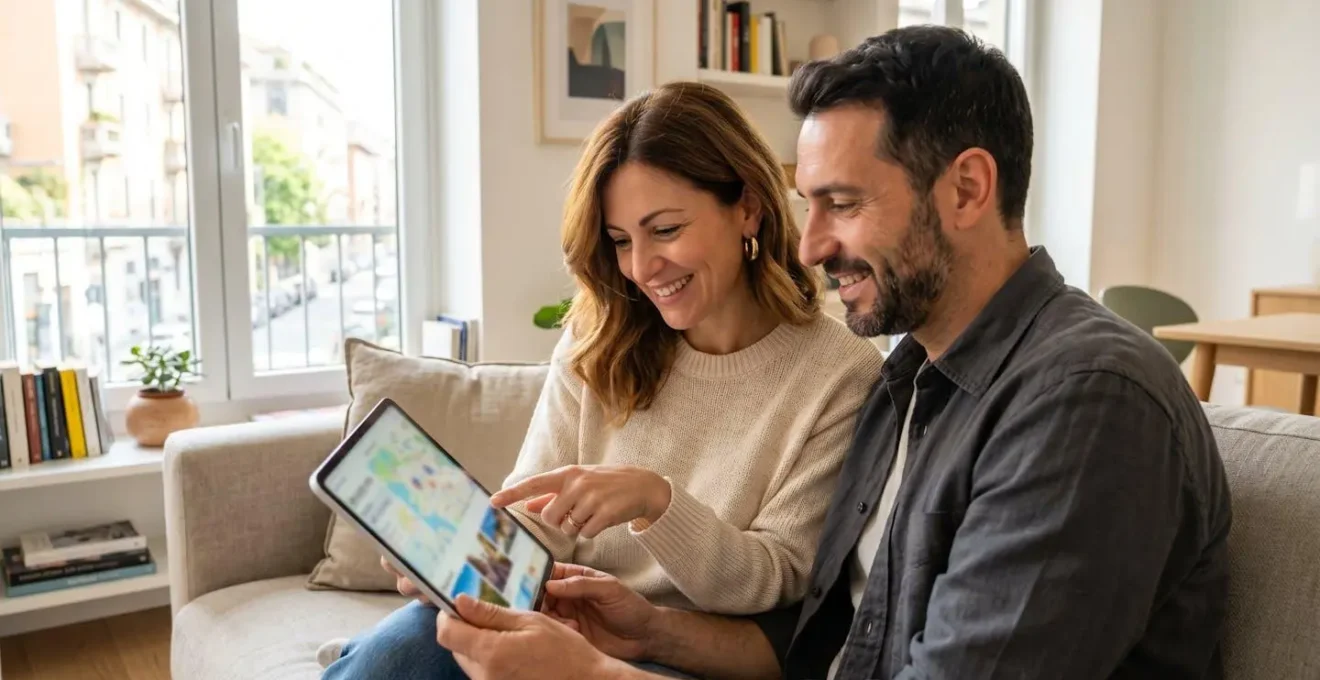 Una coppia italiana di mezza età consulta insieme un tablet in un ambiente domestico luminoso con luce naturale dalla finestra