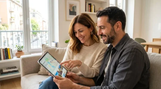 Una coppia italiana di mezza età consulta insieme un tablet in un ambiente domestico luminoso con luce naturale dalla finestra