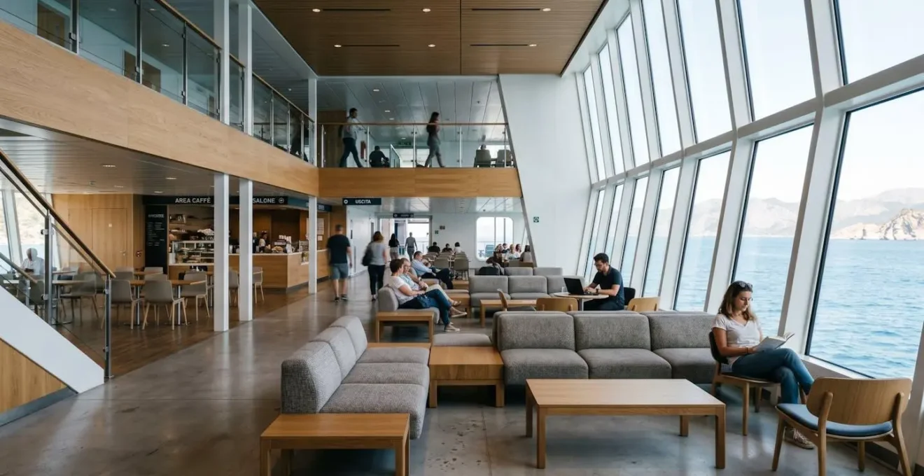 Vista grandangolare dell'interno di un moderno salotto ferry con design contemporaneo, ampie finestre e luce naturale abbondante
