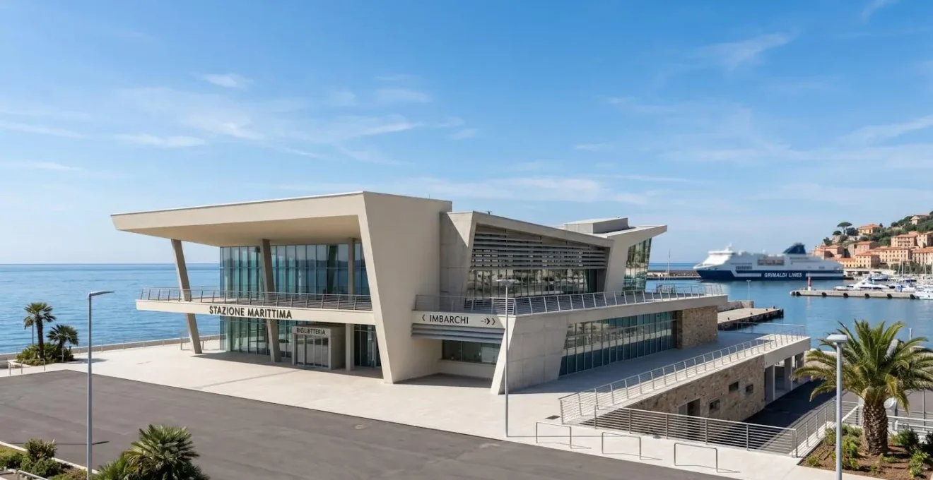 Esterno di un moderno terminal passeggeri italiano con architettura contemporanea mediterranea illuminato da luce naturale diurna