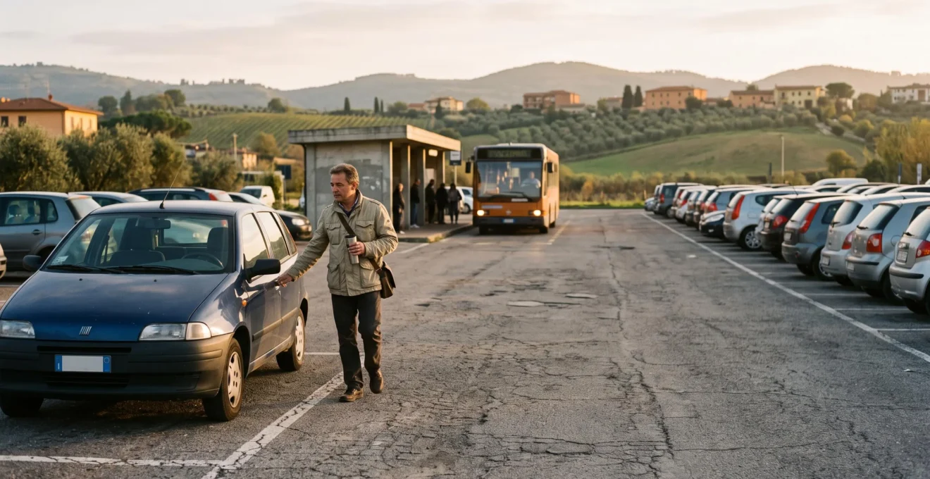 Un automobilista chiude la portiera della propria auto in un parcheggio di scambio all'alba, mentre un autobus regionale si avvicina alla pensilina.