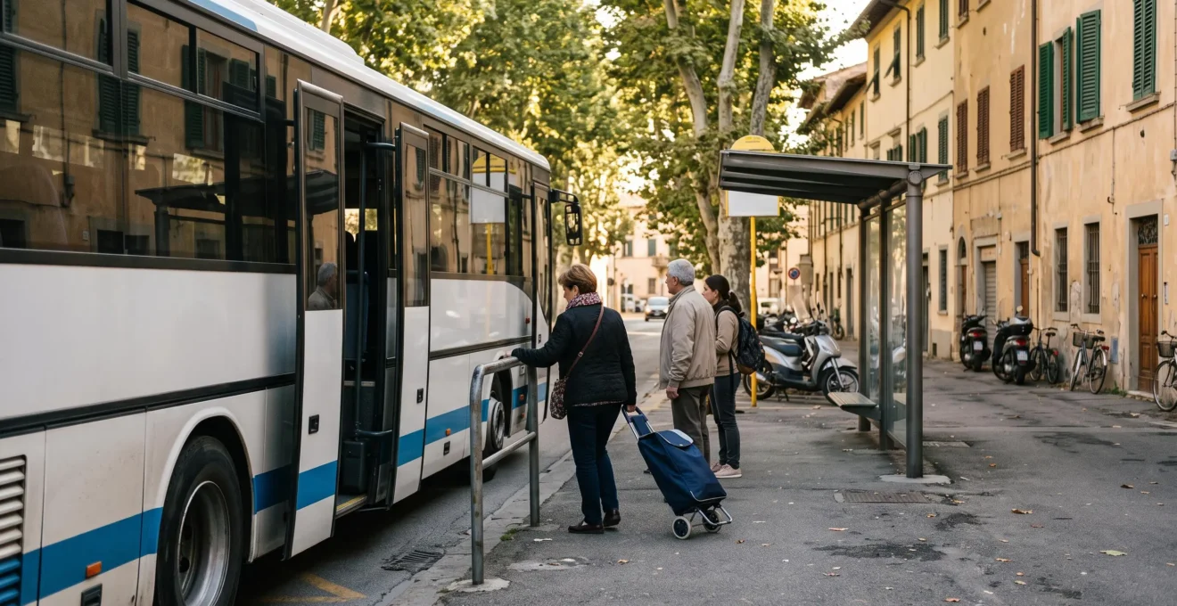 Una passeggera sale su un autobus regionale fermo alla fermata coperta in una via alberata di una città toscana.