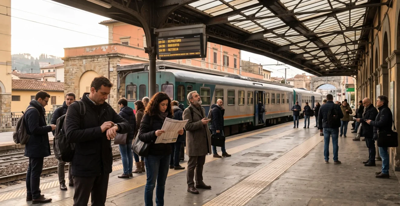 Pendolari in attesa sul binario di una stazione toscana durante l'ora di punta mattutina, con un treno regionale fermo alla banchina.