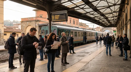 Pendolari in attesa sul binario di una stazione toscana durante l'ora di punta mattutina, con un treno regionale fermo alla banchina.